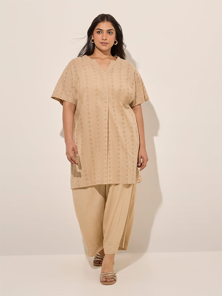 Diza Beige Schiffli Detailed Straight Cotton Kurta