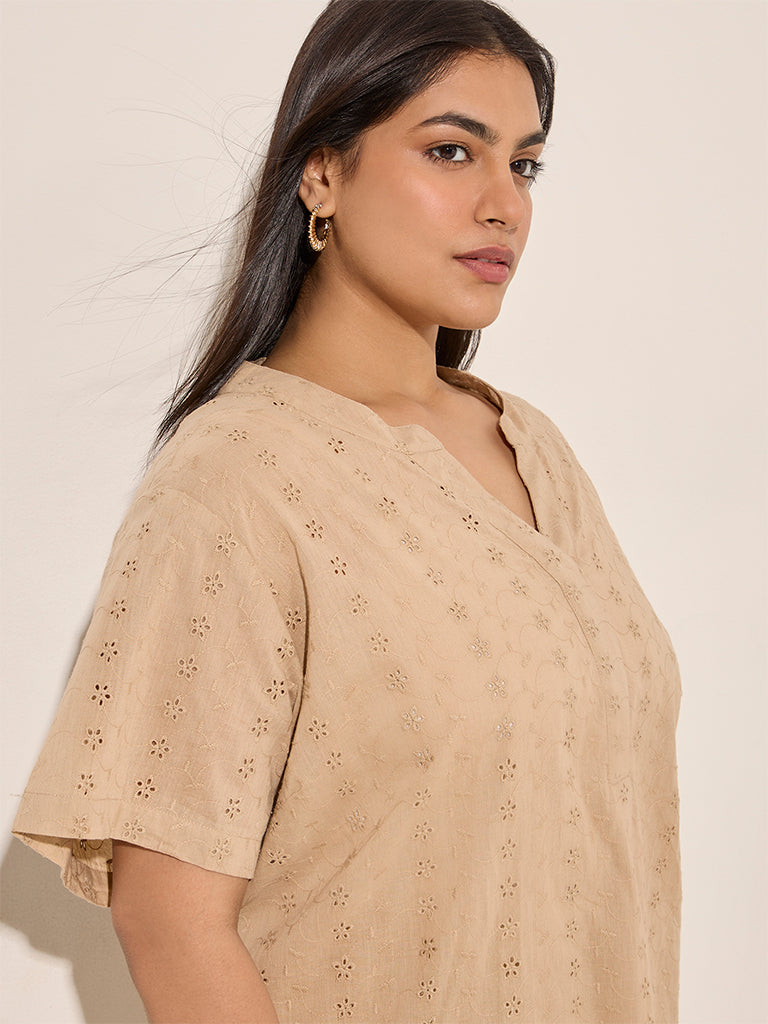 Diza Beige Schiffli Detailed Straight Cotton Kurta