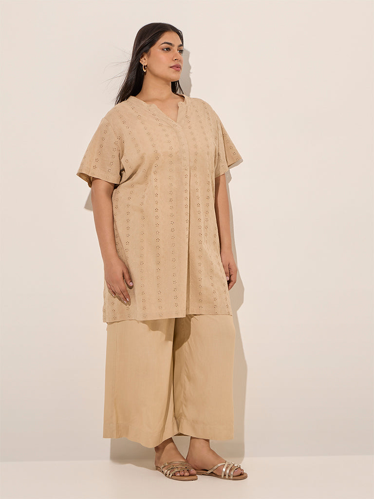 Diza Beige Schiffli Detailed Straight Cotton Kurta