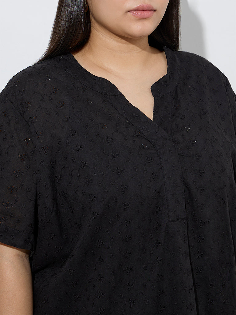 Diza Black Schiffli Design High-Low Cotton Kurta