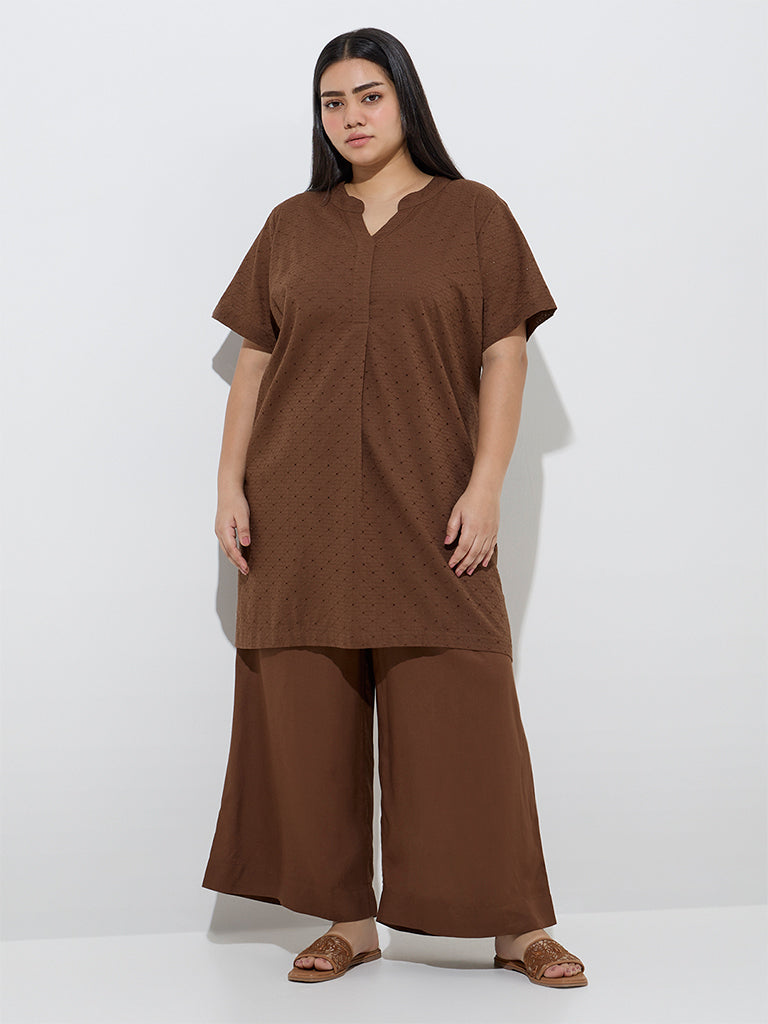 Diza Brown Schiffli Design High-Low Cotton Kurta