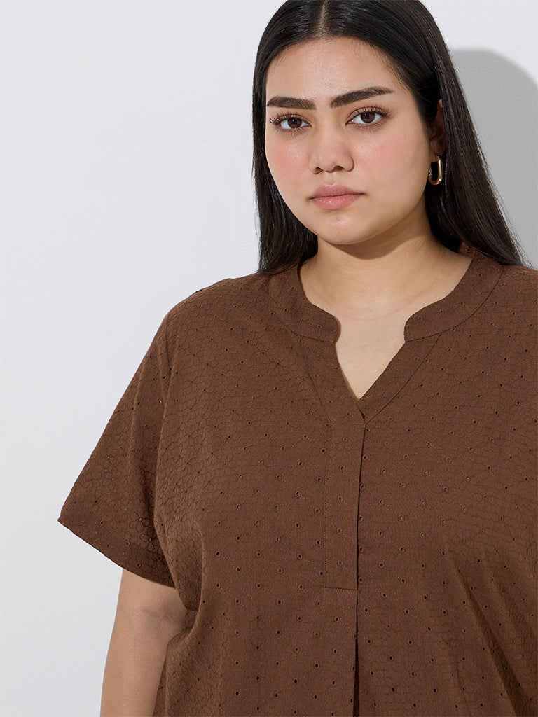 Diza Brown Schiffli Design High-Low Cotton Kurta