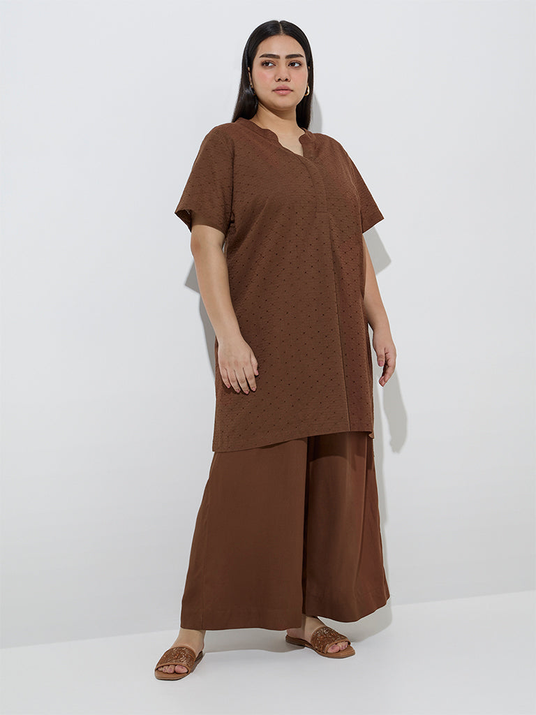 Diza Brown Schiffli Design High-Low Cotton Kurta