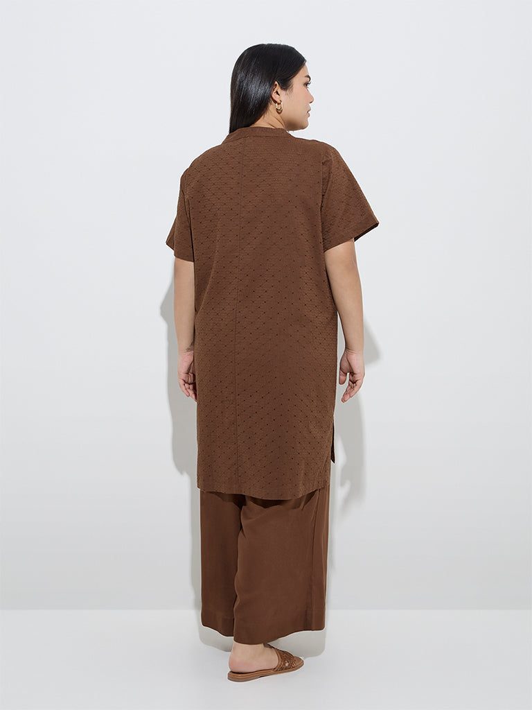 Diza Brown Schiffli Design High-Low Cotton Kurta