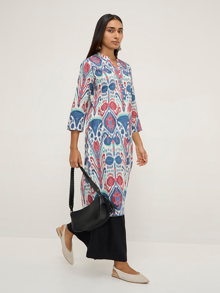 Utsa Blue Ikat Printed Straight Cotton Kurta