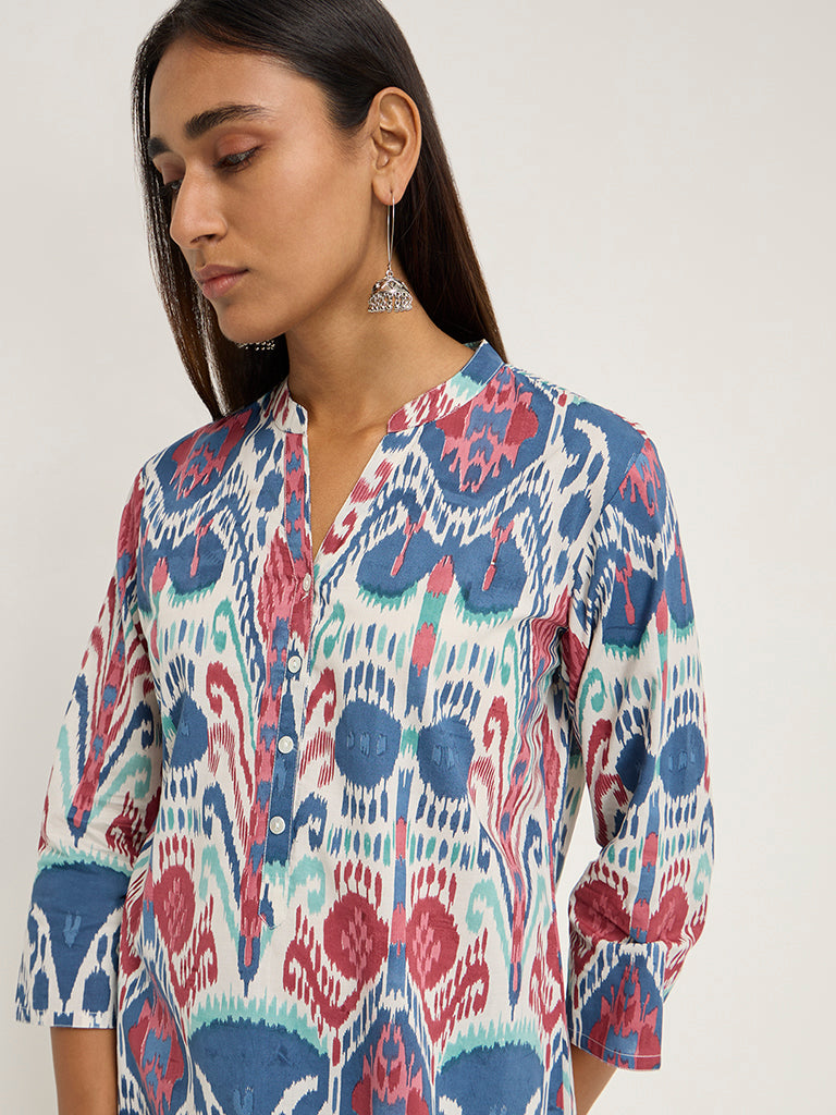 Utsa Blue Ikat Printed Straight Cotton Kurta