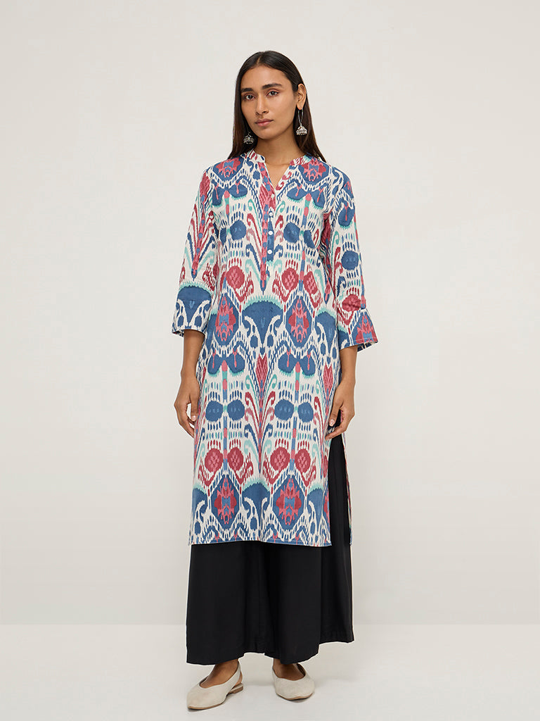 Utsa Blue Ikat Printed Straight Cotton Kurta