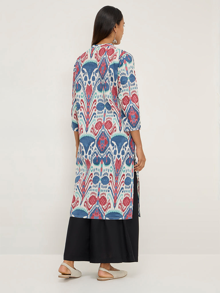 Utsa Blue Ikat Printed Straight Cotton Kurta