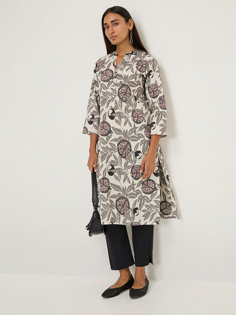 Utsa Grey Botanical Design Straight Cotton Kurta