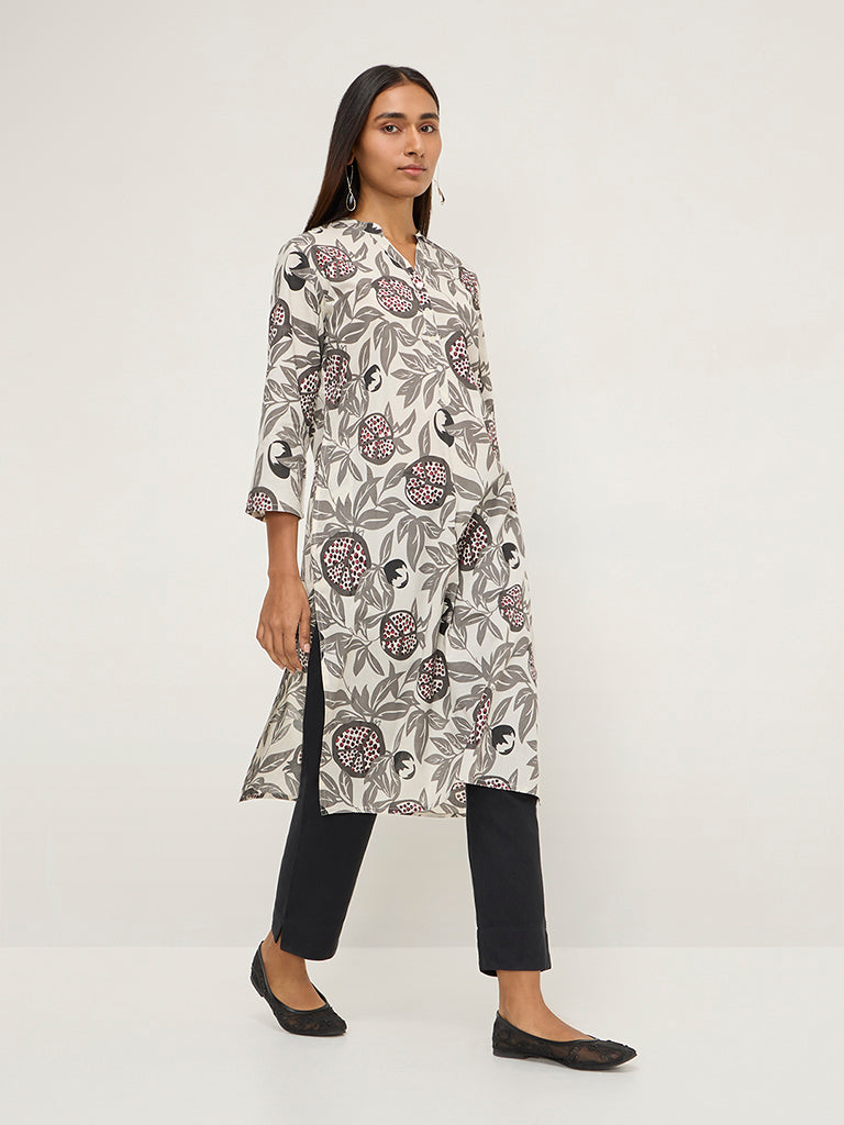 Utsa Grey Botanical Design Straight Cotton Kurta