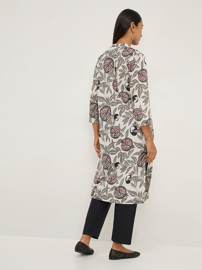 Utsa Grey Botanical Design Straight Cotton Kurta