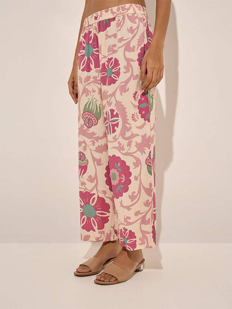 Utsa Pink Floral Printed Cotton Ethnic Pants