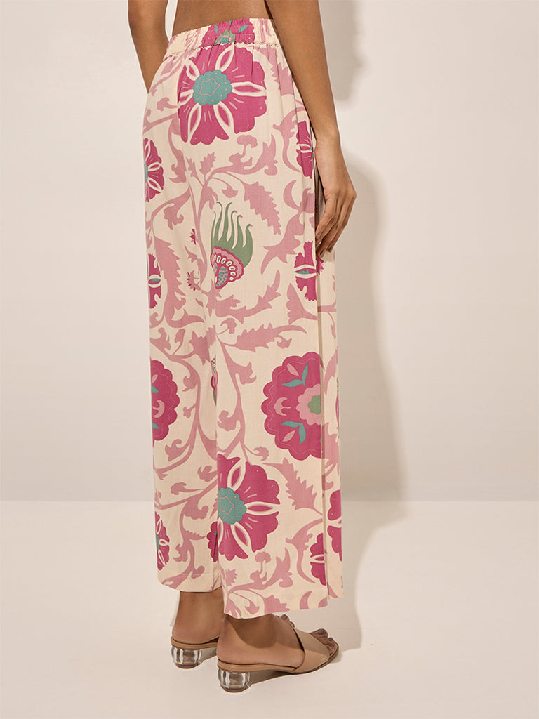 Utsa Pink Floral Printed Cotton Ethnic Pants