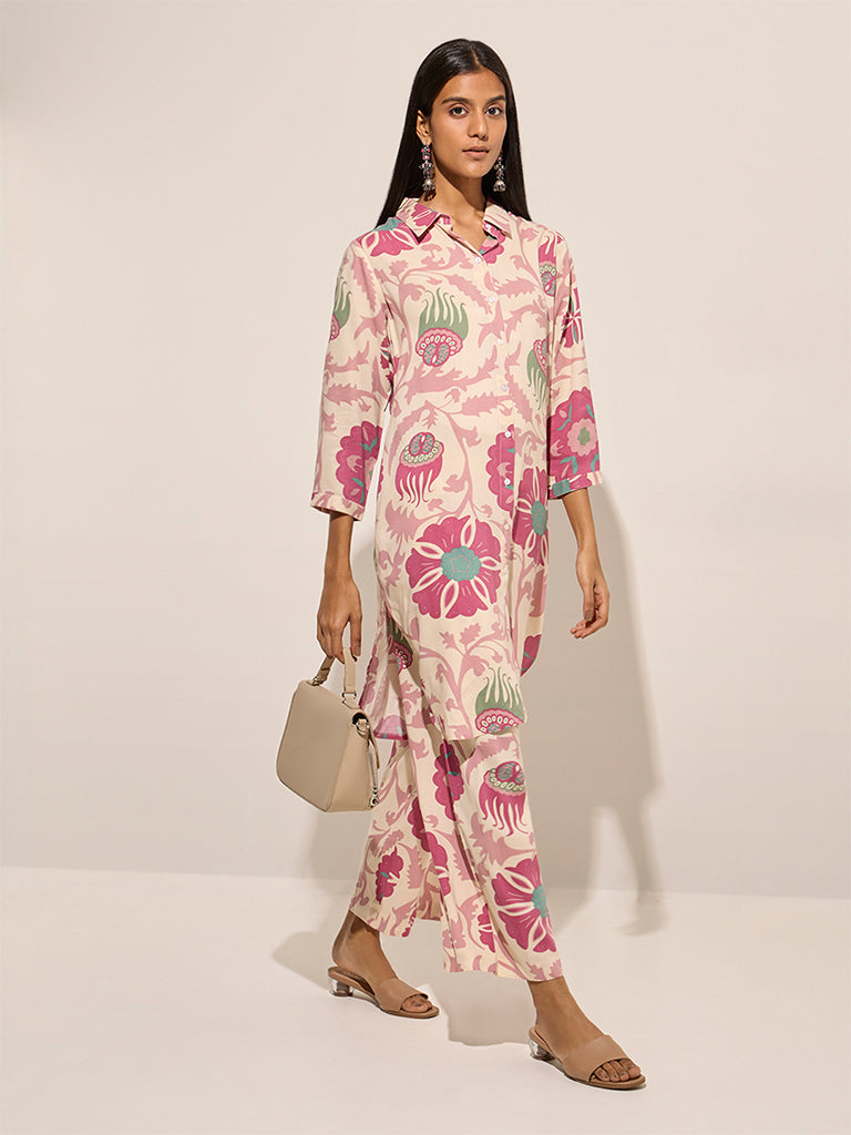 Utsa Pink Floral Printed Cotton Ethnic Pants