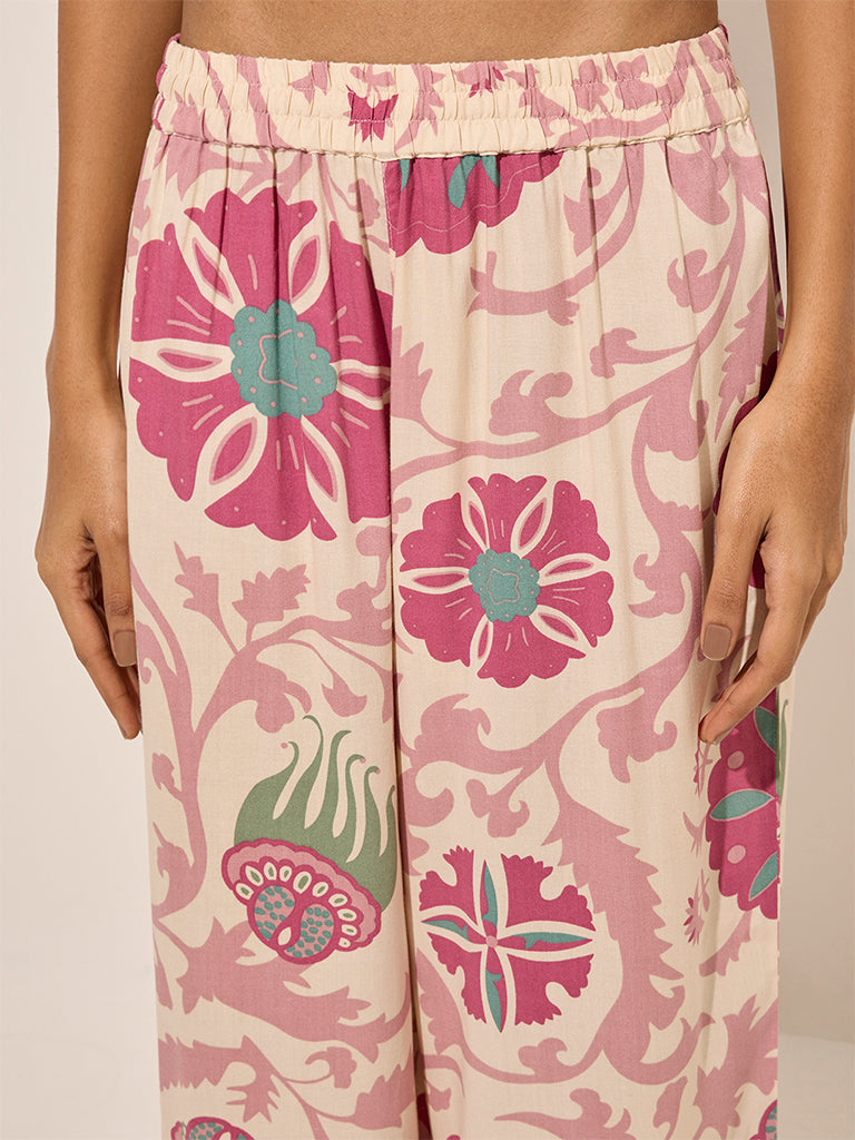 Utsa Pink Floral Printed Cotton Ethnic Pants