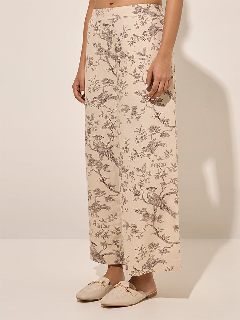 Zuba Beige Nature-Themed Cotton Palazzos