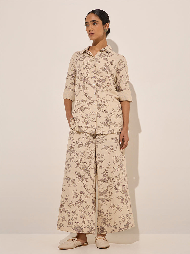 Zuba Beige Nature-Themed Cotton Palazzos