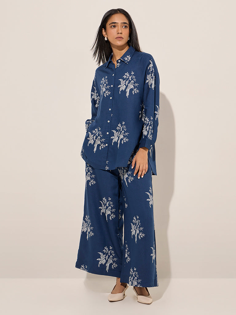 Zuba Blue Floral Printed High-Low Cotton-Blend Tunic