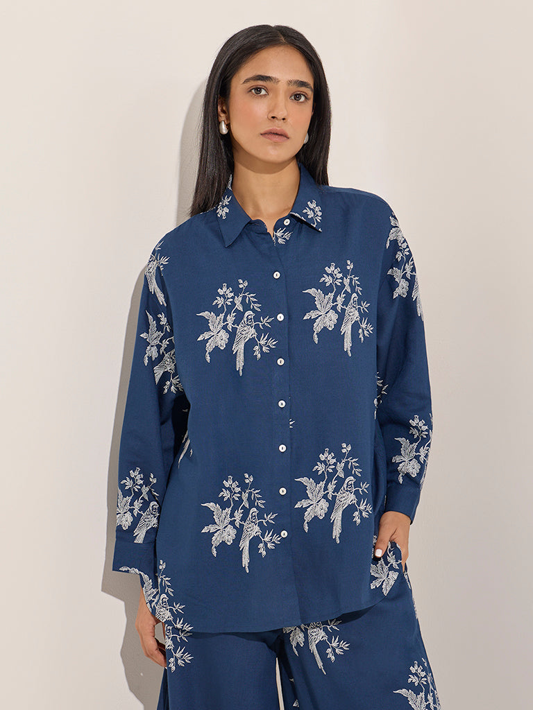 Zuba Blue Floral Printed High-Low Cotton-Blend Tunic