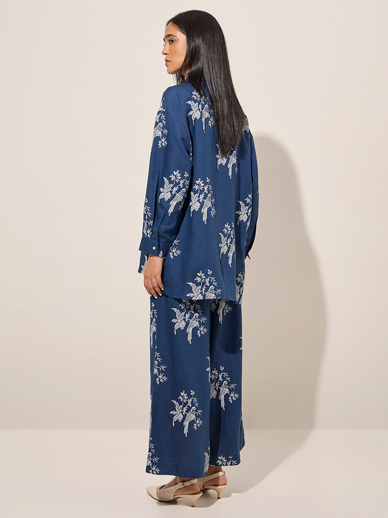 Zuba Blue Floral Printed High-Low Cotton-Blend Tunic