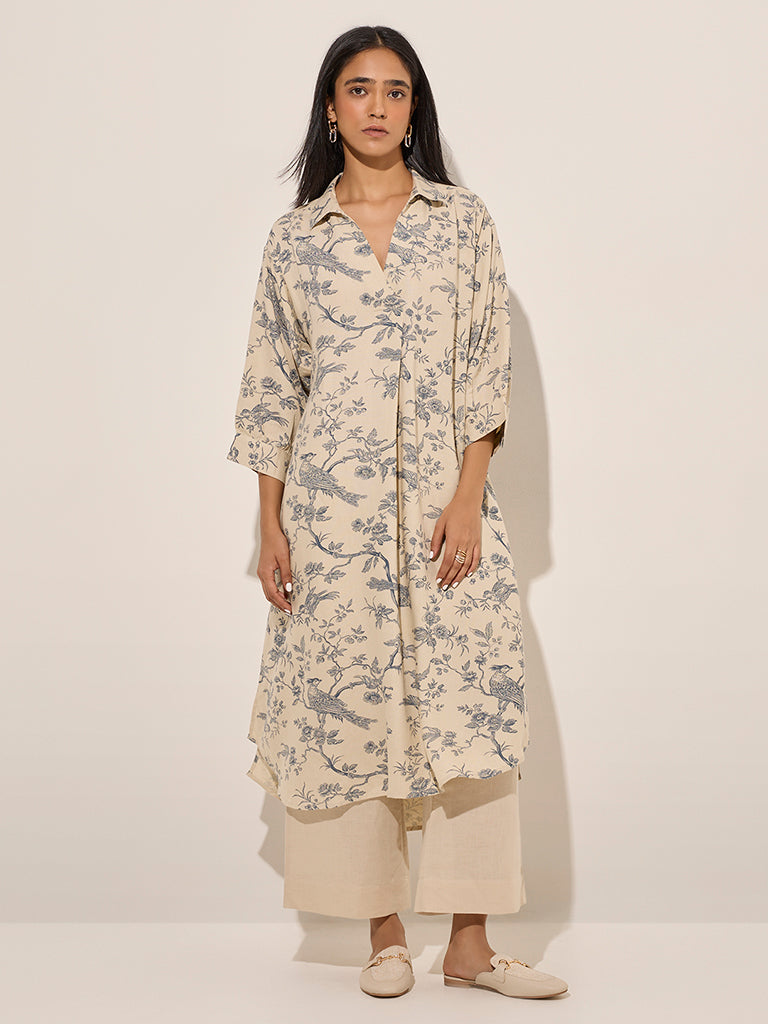 Zuba Beige Botanical Nature Themed Cotton A-Line Kurta