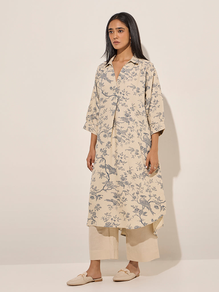 Zuba Beige Botanical Nature Themed Cotton A-Line Kurta