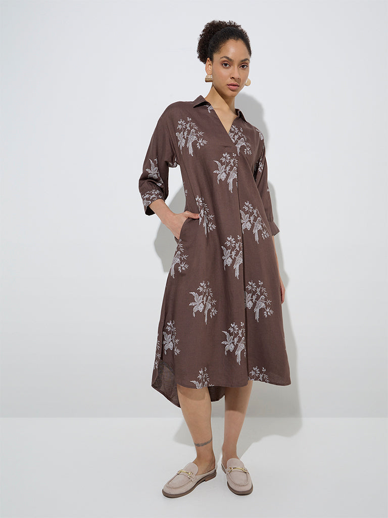 Zuba Brown Bird Print High-Low Linen-Blend A-Line Dress