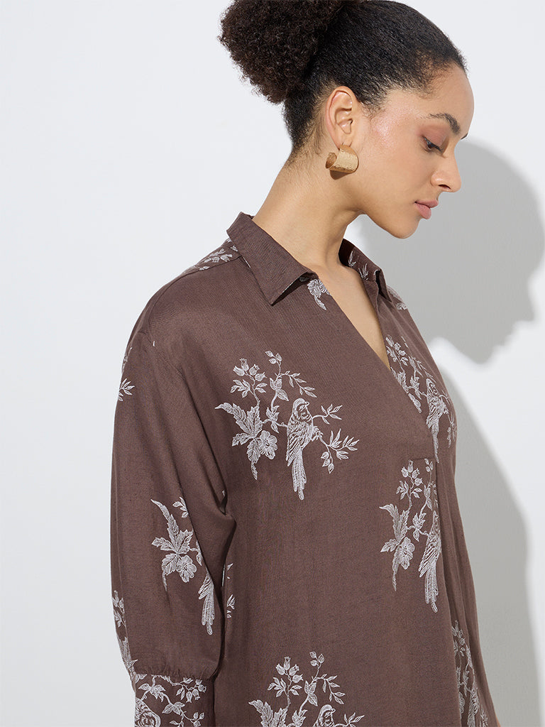 Zuba Brown Bird Print High-Low Linen-Blend A-Line Dress