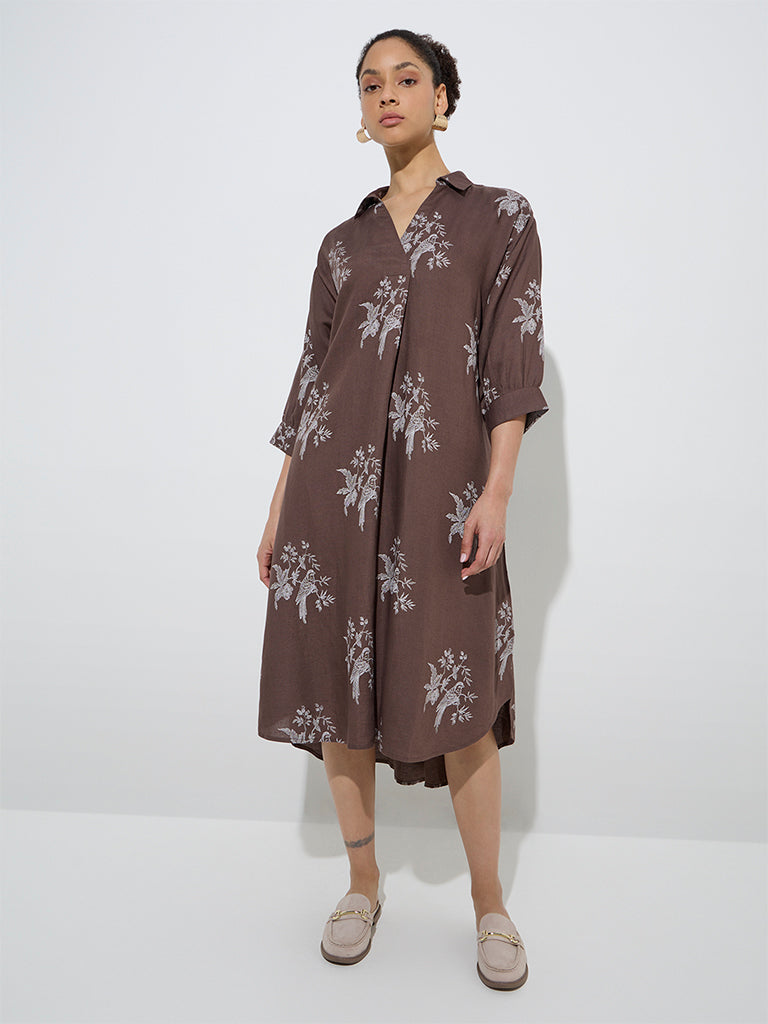 Zuba Brown Bird Print High-Low Linen-Blend A-Line Dress