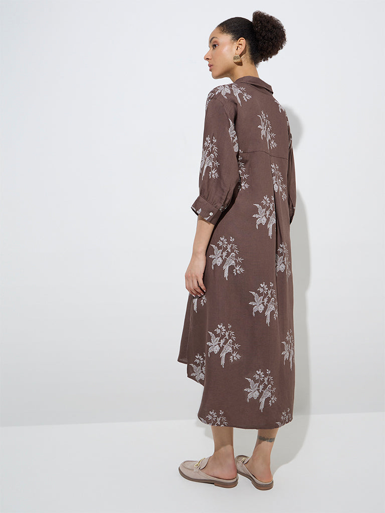 Zuba Brown Bird Print High-Low Linen-Blend A-Line Dress