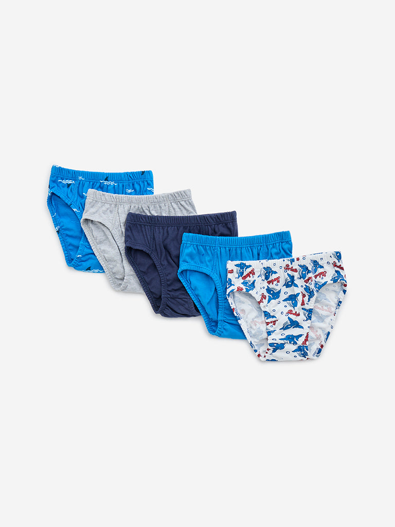 HOP Kids Blue Animal Printed Cotton Briefs - Pack of 5