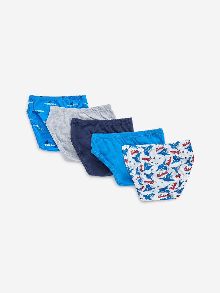 HOP Kids Blue Animal Printed Cotton Briefs - Pack of 5