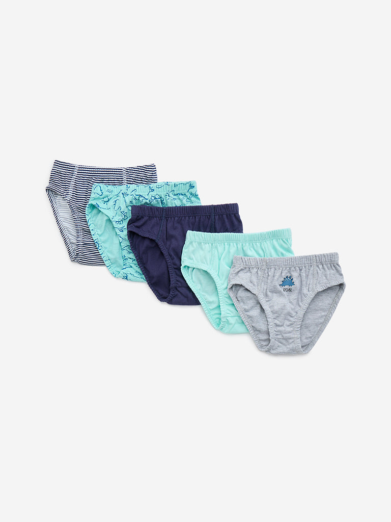 HOP Kids Turquoise Animal Printed Cotton Briefs - Pack of 5