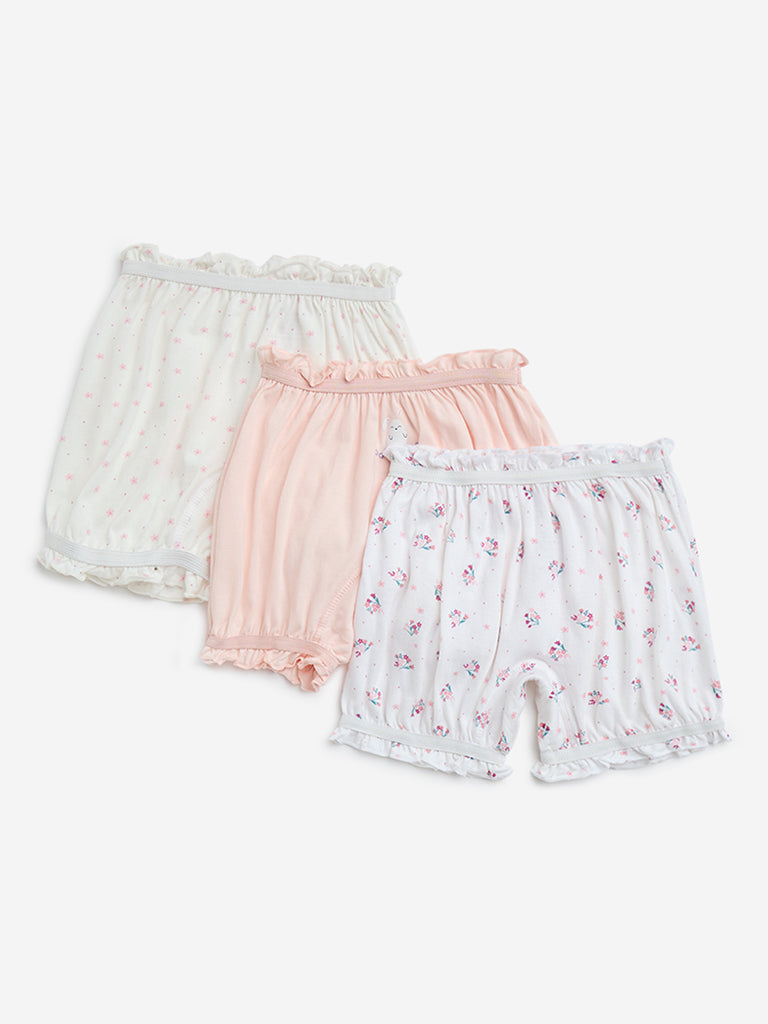 HOP Kids Ivory Floral Design Cotton Bloomers - Pack of 3