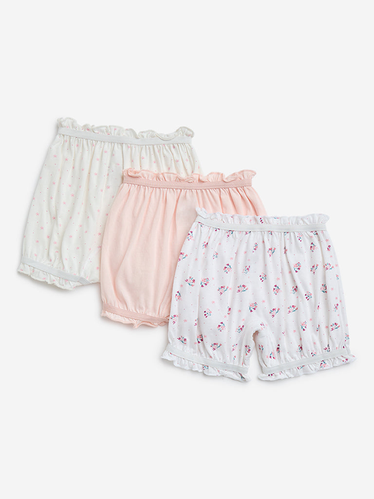 HOP Kids Ivory Floral Design Cotton Bloomers - Pack of 3