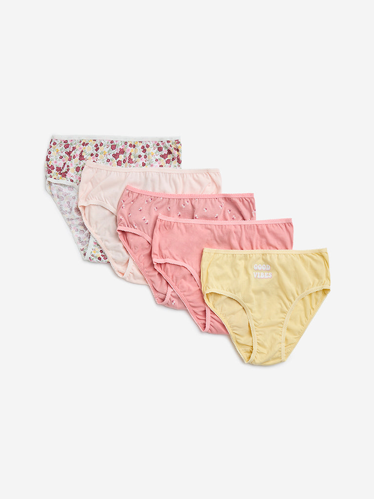 Y&F Kids Blush Pink Printed Cotton Briefs - Pack of 5