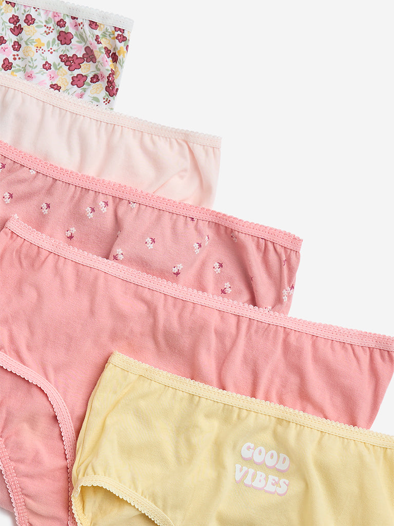 Y&F Kids Blush Pink Printed Cotton Briefs - Pack of 5