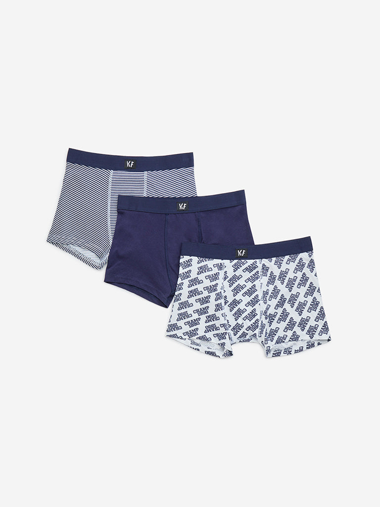 Y&F Kids Navy Printed Mid-Rise Cotton Briefs - Pack of 3