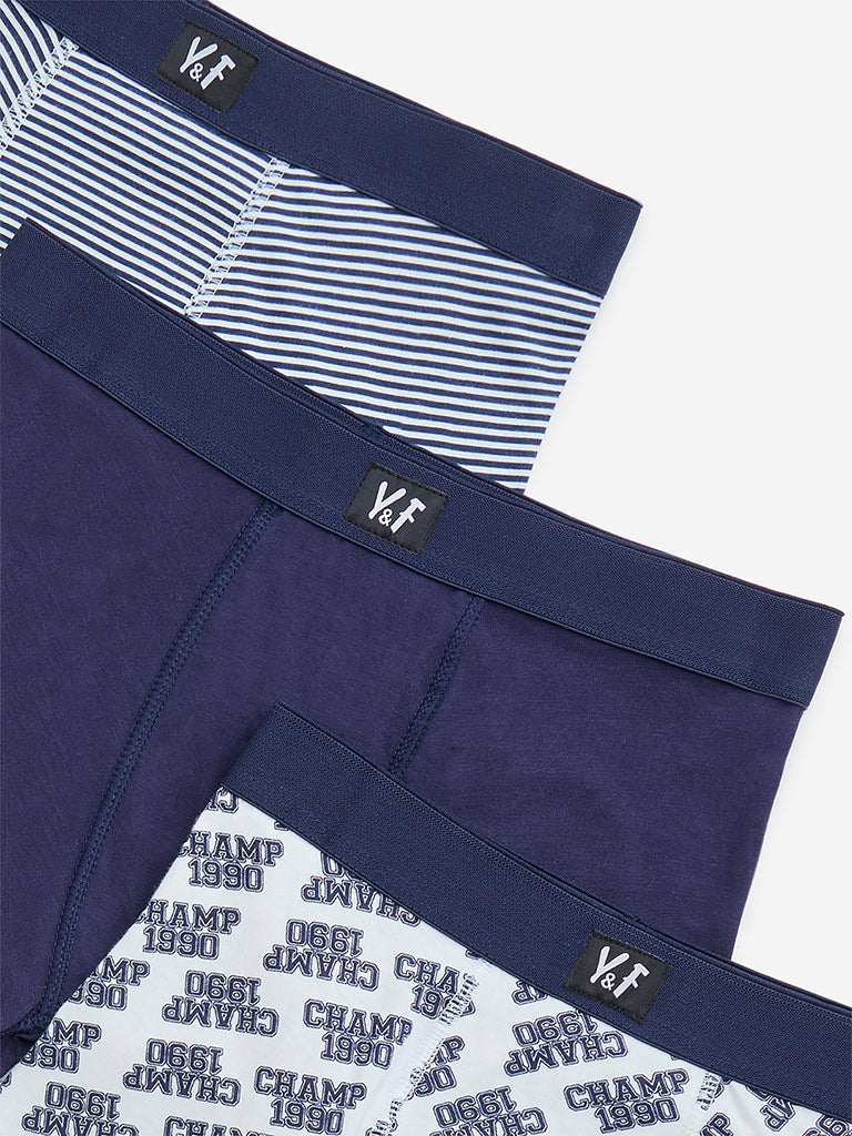 Y&F Kids Navy Printed Mid-Rise Cotton Briefs - Pack of 3