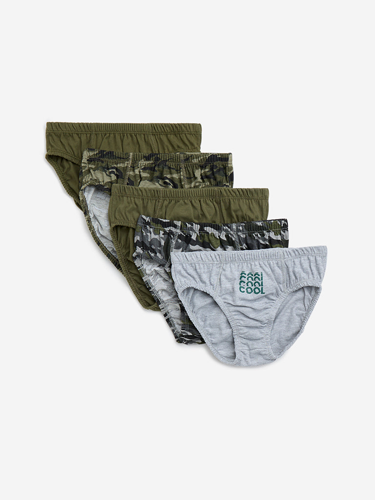 Y&F Kids Olive Camo Printed Cotton-Blend Briefs - Pack of 5