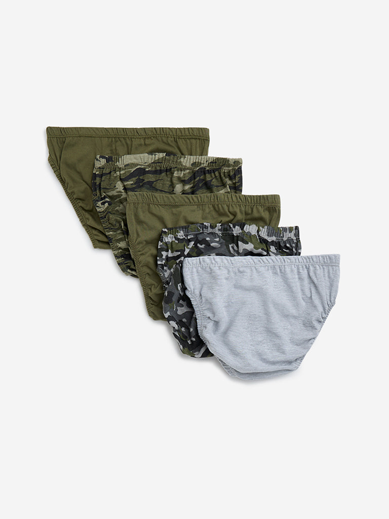 Y&F Kids Olive Camo Printed Cotton-Blend Briefs - Pack of 5