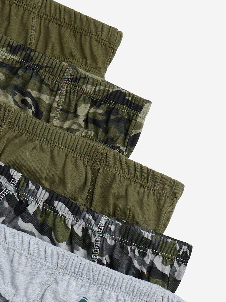 Y&F Kids Olive Camo Printed Cotton-Blend Briefs - Pack of 5