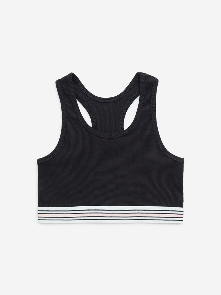 Y&F Kids Black Ribbed-Textured Cotton-Blend Crop Top