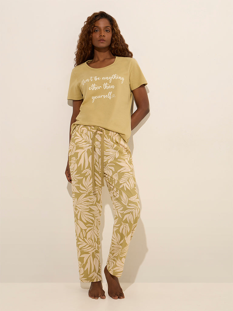 Wunderlove Green Printed High-Rise Cotton Lounge Pants