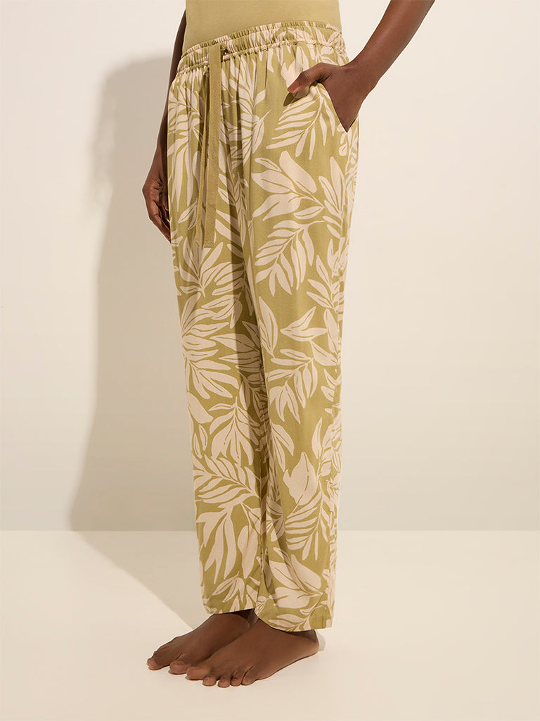 Wunderlove Green Printed High-Rise Cotton Lounge Pants