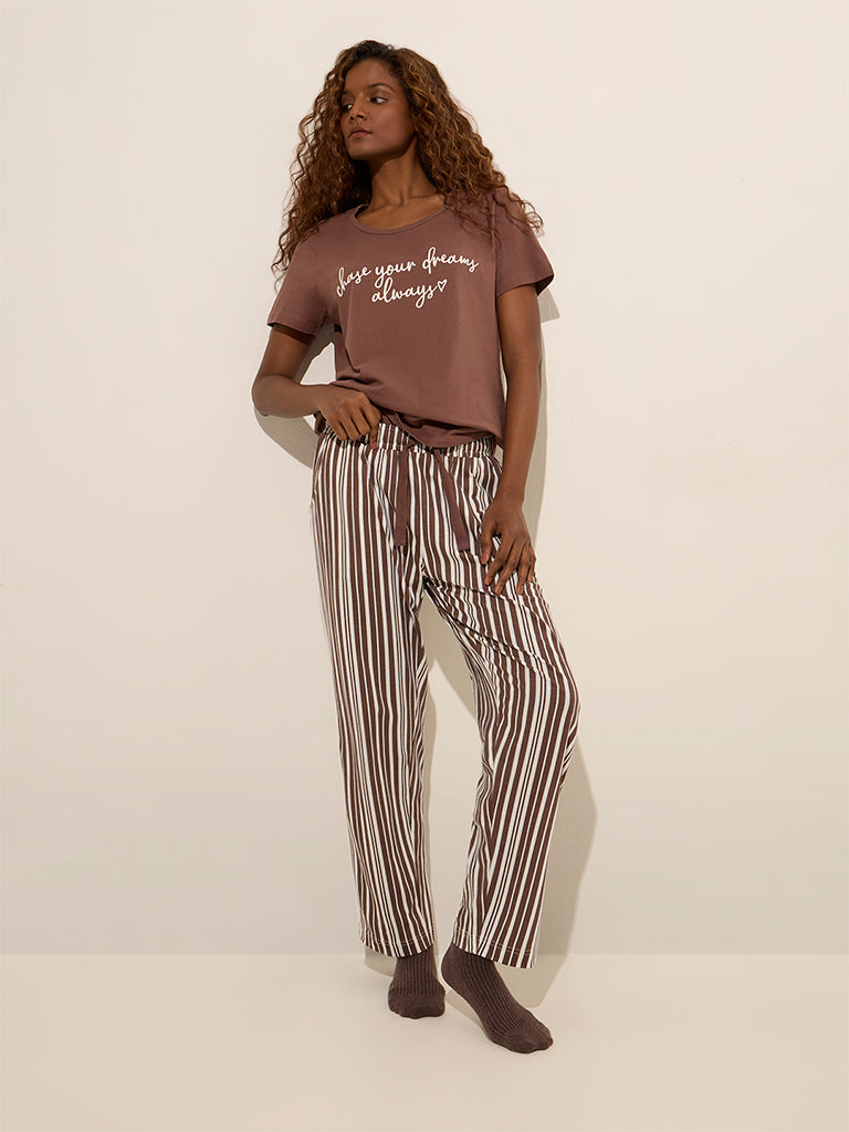 Wunderlove Brown Striped High-Rise Cotton Lounge Pants