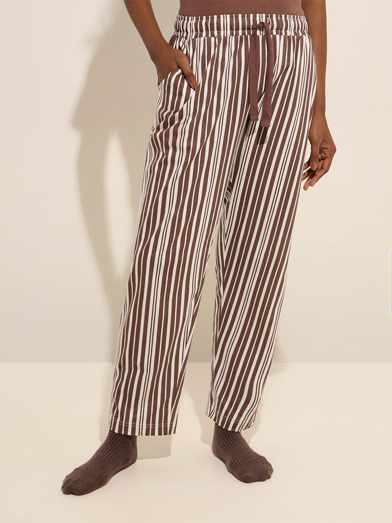 Wunderlove Brown Striped High-Rise Cotton Lounge Pants