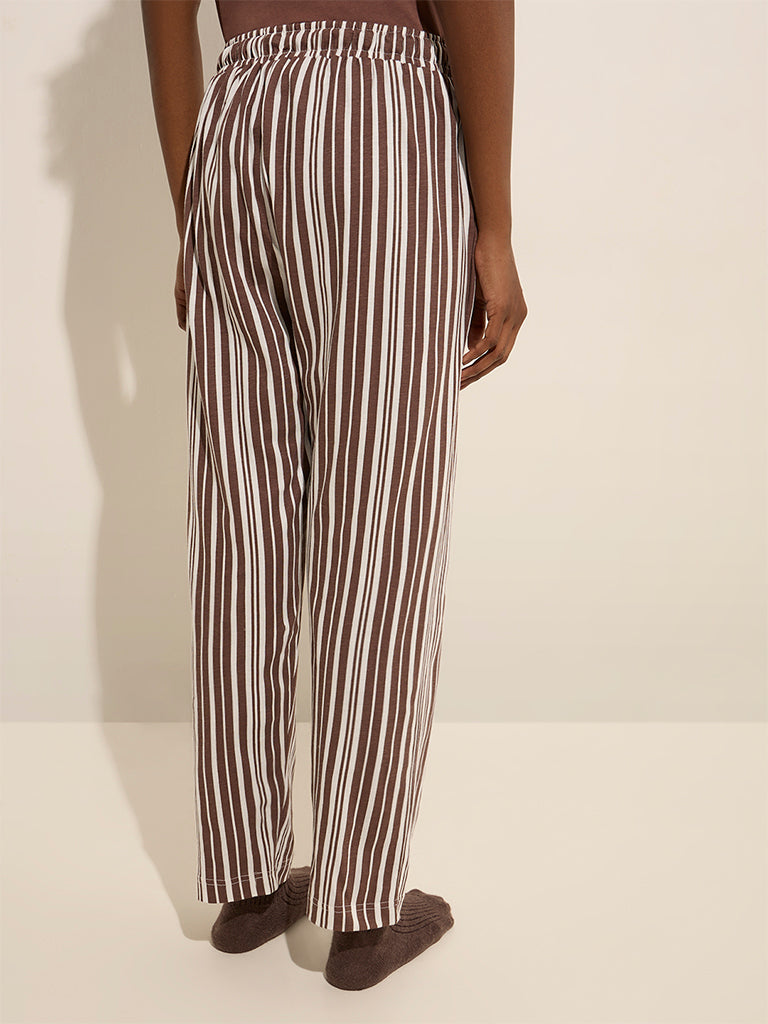 Wunderlove Brown Striped High-Rise Cotton Lounge Pants