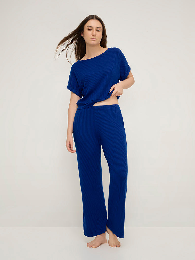 Wunderlove Blue Ribbed High-Rise Lounge Pants