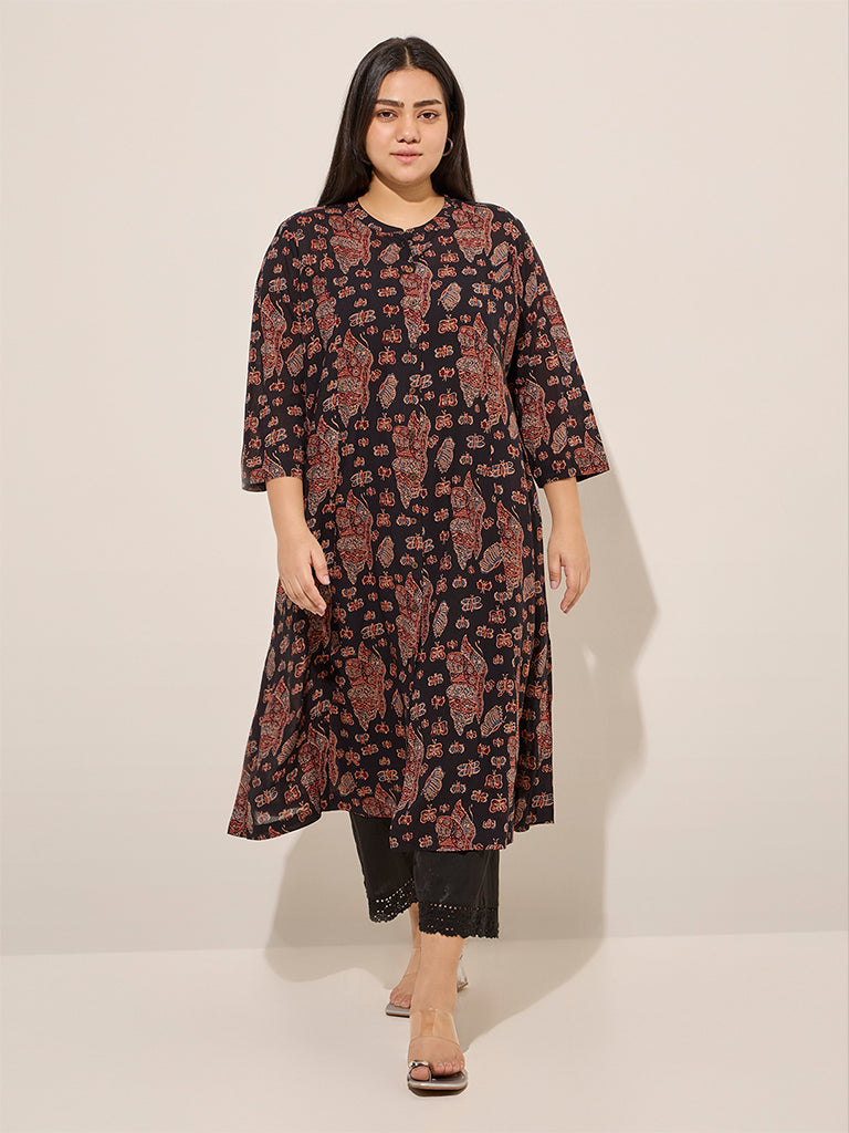 Diza Black Ethnic Printed Cotton A-Line Kurta